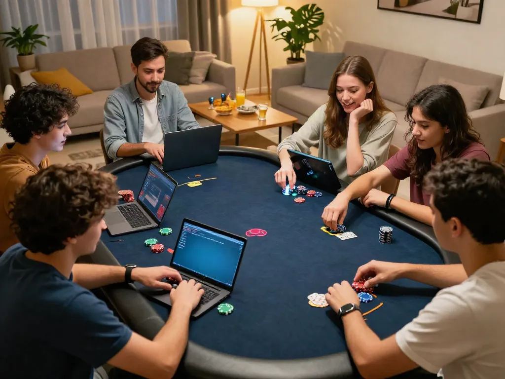 Friends enjoying online gaming experience at home, showcasing casinos not on GamStop.