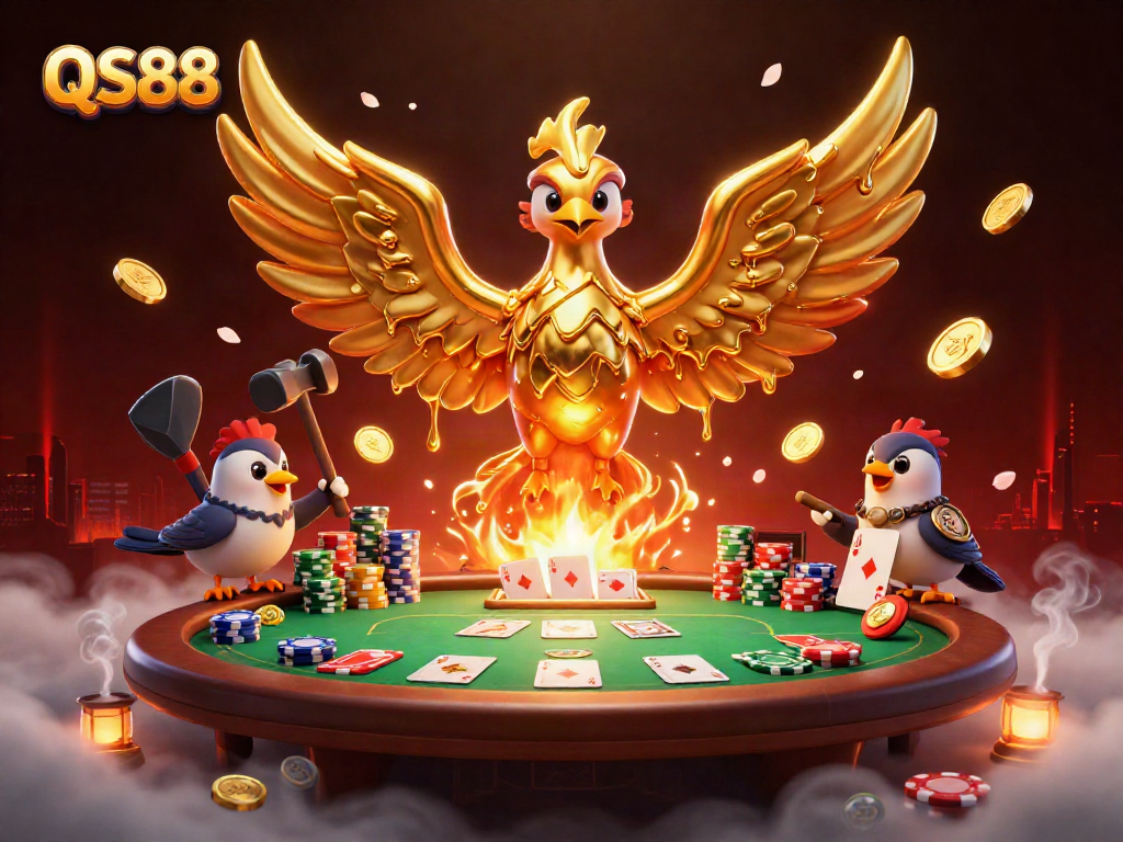 Experience thrilling gaming action with QS88 as molten gold forms coins in an engaging casino scene.