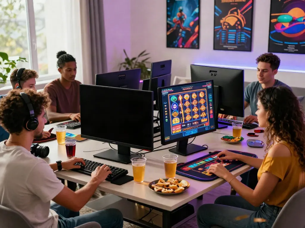 Exciting gaming scene showcasing friends enjoying casinos not on GamStop in a lively home setting with high-end gaming equipment.