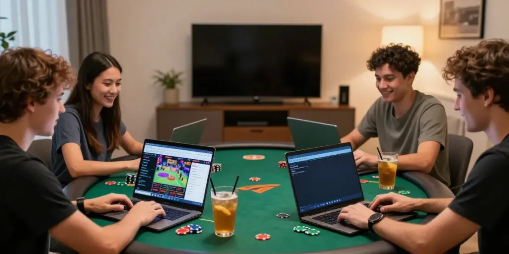 Friends enjoying casinos not on gamstop in a lively home setting with laptops and drinks.