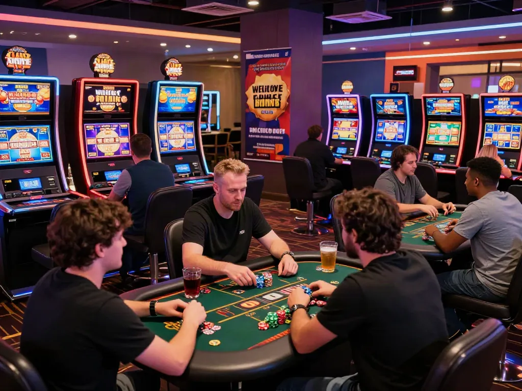 Engaged players at lively casinos not on GamStop, showcasing welcoming atmosphere and exciting games.