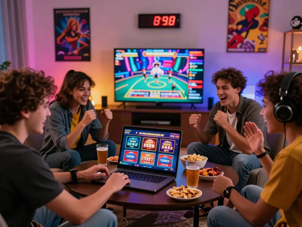 Friends enjoying online gaming experience at home, exploring casinos not on gamstop.