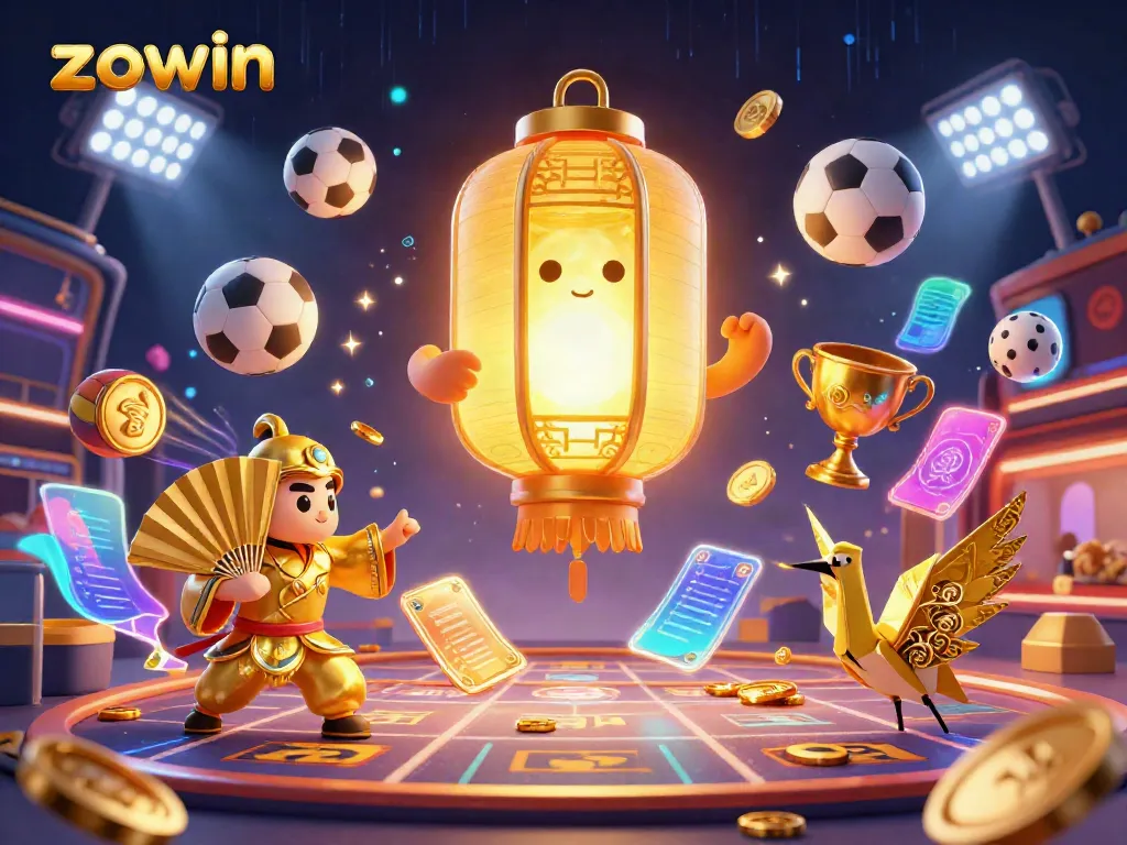 Zowin showcases a vibrant night market casino scene powered by luck, featuring a glowing lantern spirit.