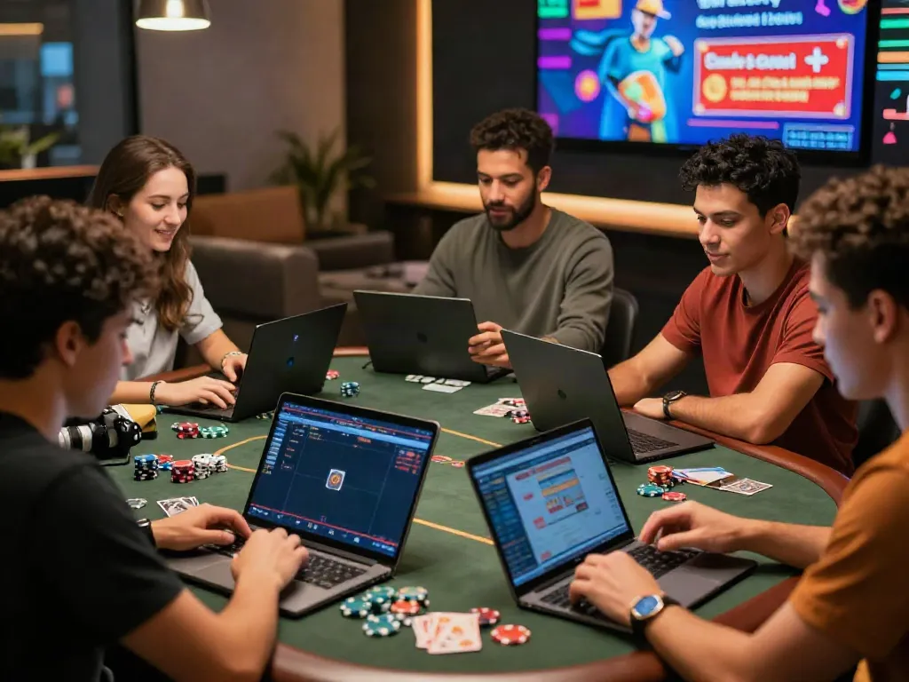 Friends enjoying online games at casinos not on gamstop in a vibrant setting.