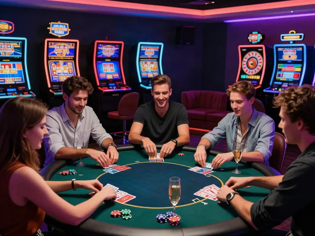 Exciting scene of friends enjoying casinos not on GamStop in a stylish online gaming room