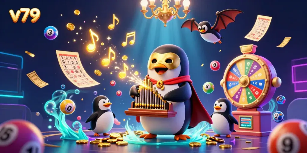 Engage in thrilling gameplay at V79, featuring cartoon penguins and vibrant casino elements.