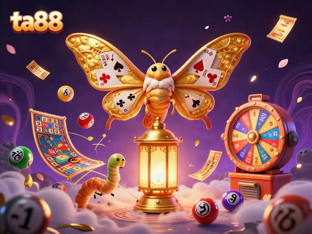 Play exciting casino games with ta88, featuring a vibrant illustration of a magical casino scene filled with action.