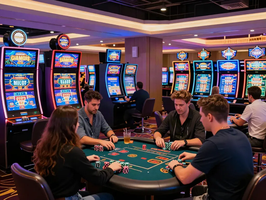 Engaging atmosphere of casinos not on gamstop with players enjoying various games.