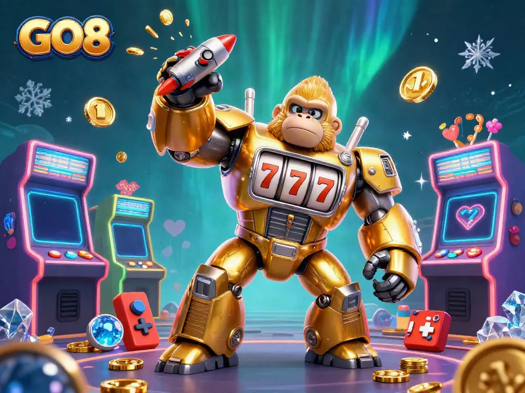 Experience winning action at GO8 with a golden gorilla mech and dynamic casino elements.