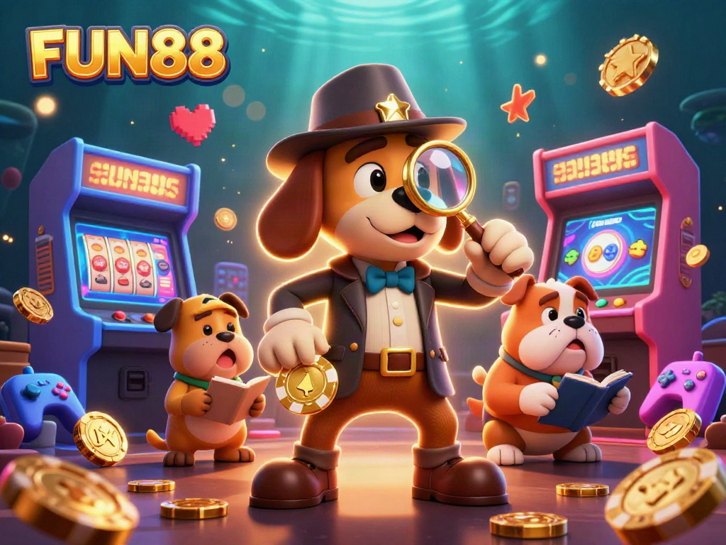 Engage in thrilling FUN88 gameplay with charming cartoon characters exploring a vibrant casino scene.