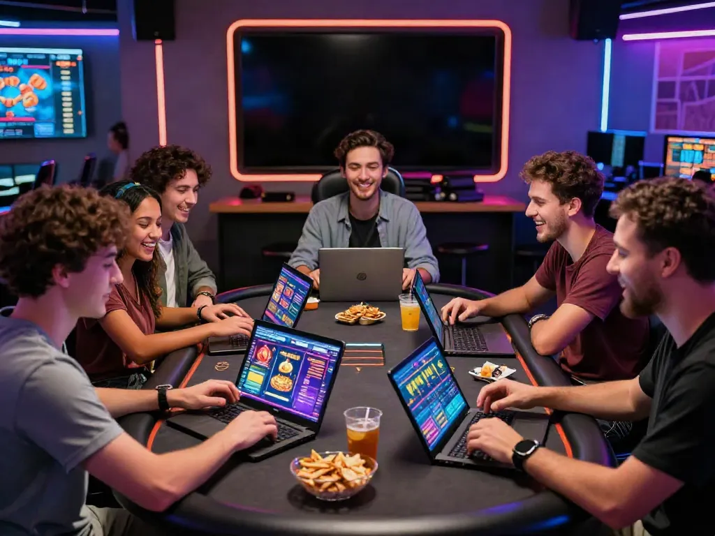 Players enjoying casinos not on GamStop in a lively gaming lounge with vibrant screens and modern decor.