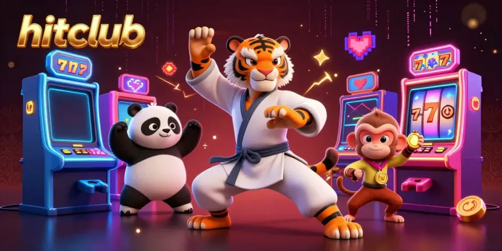 Hitclub gaming scene shows a kung fu tiger master, panda disciple, and monkey student amidst casino elements.