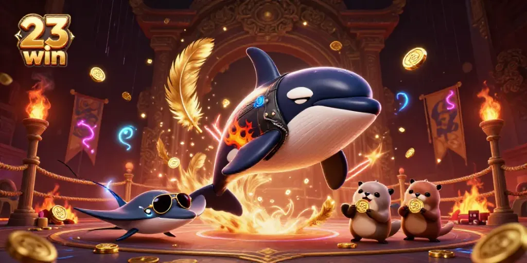 Experience 23 win fun with an orca, stingray, and otters in a dynamic casino scene.