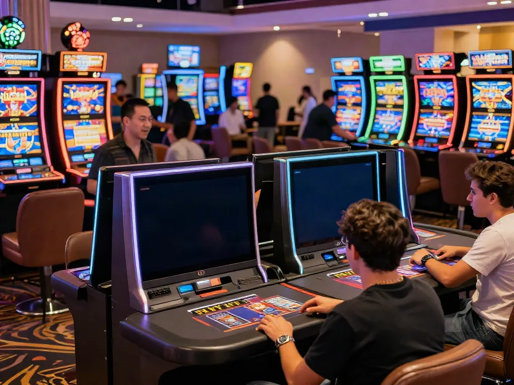 Exciting gaming scene at casinos not on GamStop with players engaged in various games.