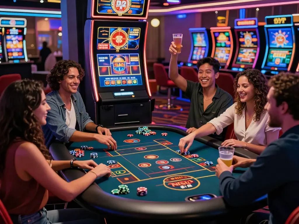 Group enjoying casinos not on gamstop with friends around gaming table.