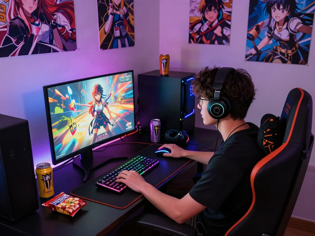 Player enjoying a hentai game in a cozy gaming setup with vibrant LED lights.