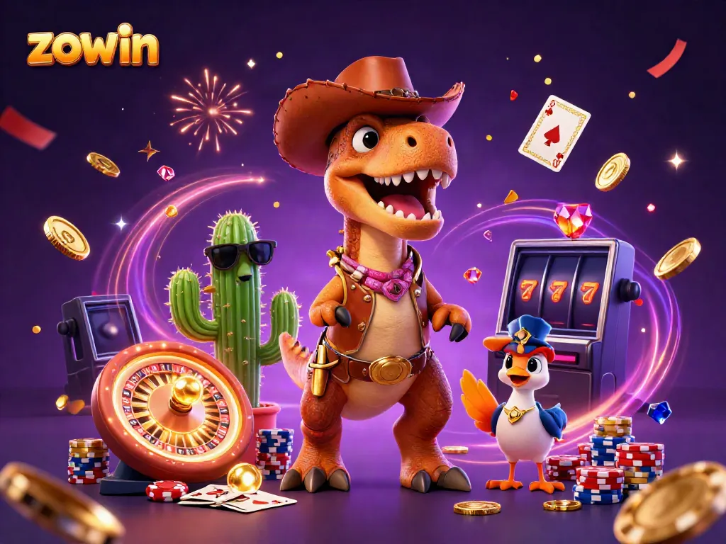 Experience the thrill of gambling with Zowin, featuring a colorful cowboy dinosaur and casino elements.