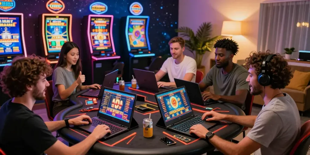Players enjoying casinos not on gamstop, celebrating wins at virtual gaming tables in a vibrant home atmosphere.