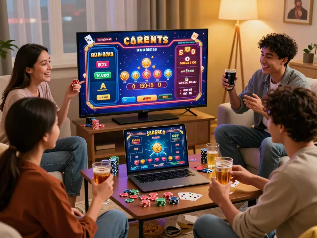 Engaging friends playing casinos not on gamstop in a cozy living room.