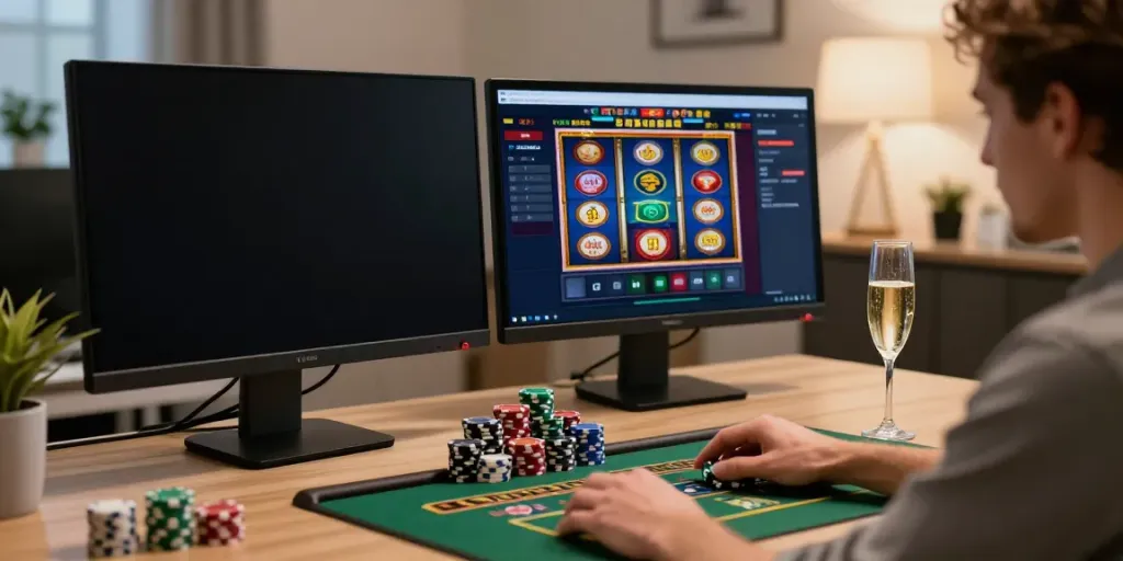 Player enjoying casinos not on gamstop at a stylish home office with chips and drinks.
