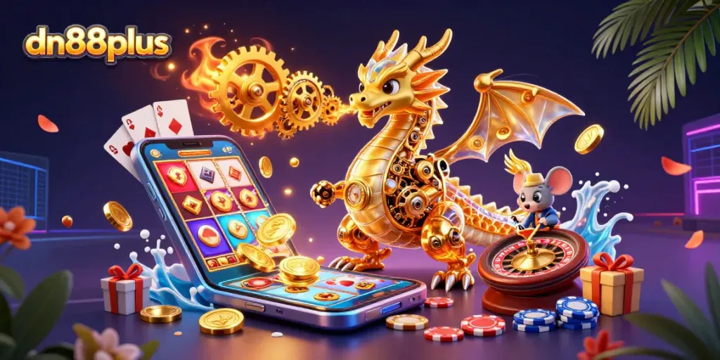 Spin and win at dn88plus featuring a vibrant scene with a dragon, games, and gold coins.