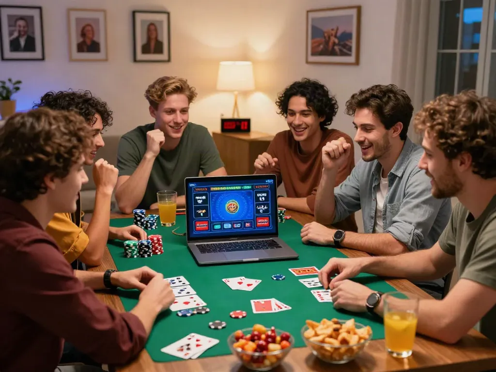 Friends researching casinos not on GamStop, enjoying gaming night with snacks and drinks.