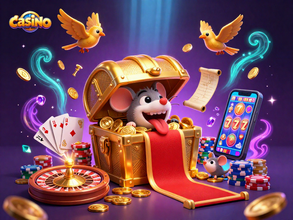 Exciting casino scene with a treasure chest mimic enticing adventurer mice, surrounded by sparkling gems and coins.