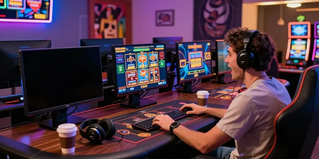 Exciting gaming setup showcasing casinos not on GamStop with vibrant monitors and LED lighting.