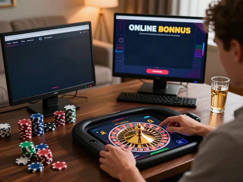 Engaging scene of player exploring casinos not on GamStop with tablet, poker chips, and cozy home setting