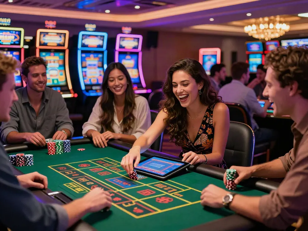 Exciting atmosphere at casinos not on GamStop with friends enjoying games.