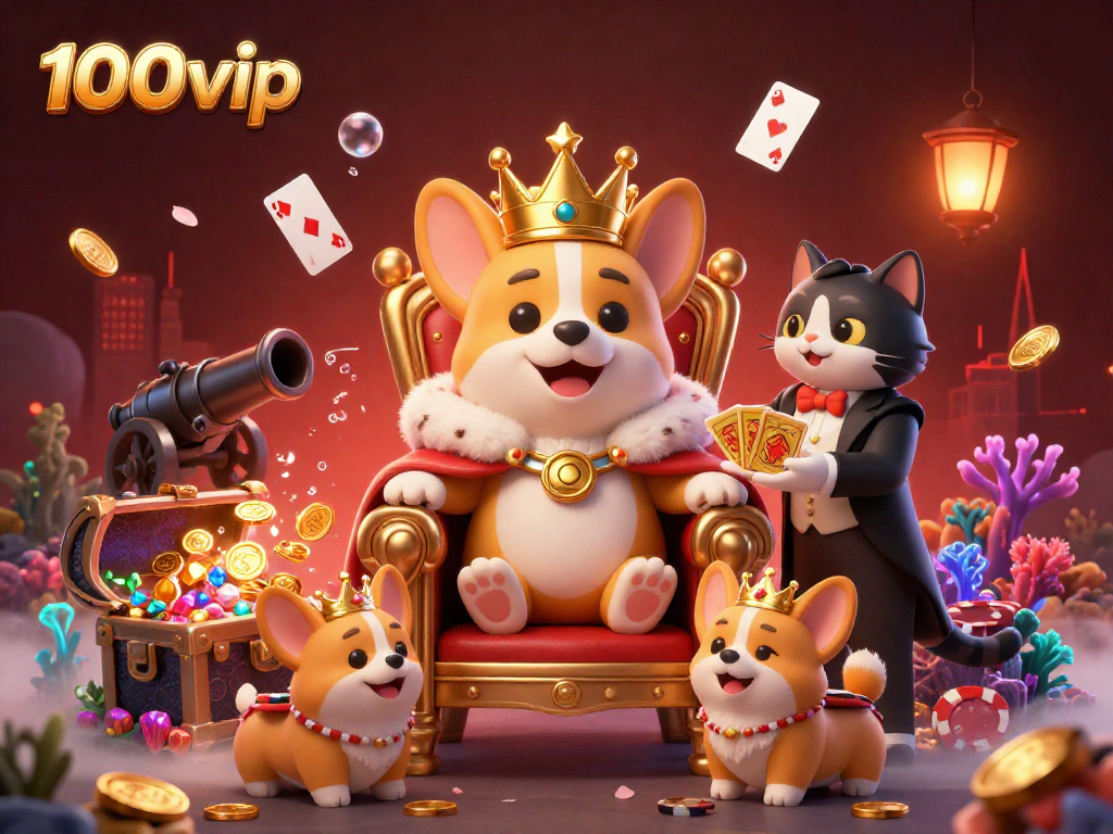 Experience thrilling gaming with 100vip in a vibrant 3D illustration showcasing royal corgis amidst riches!