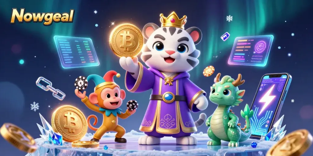 Join the Nowgoal gambling revolution with a vibrant scene featuring a royal tiger and playful monkey amidst Bitcoin and Ethereum coins.