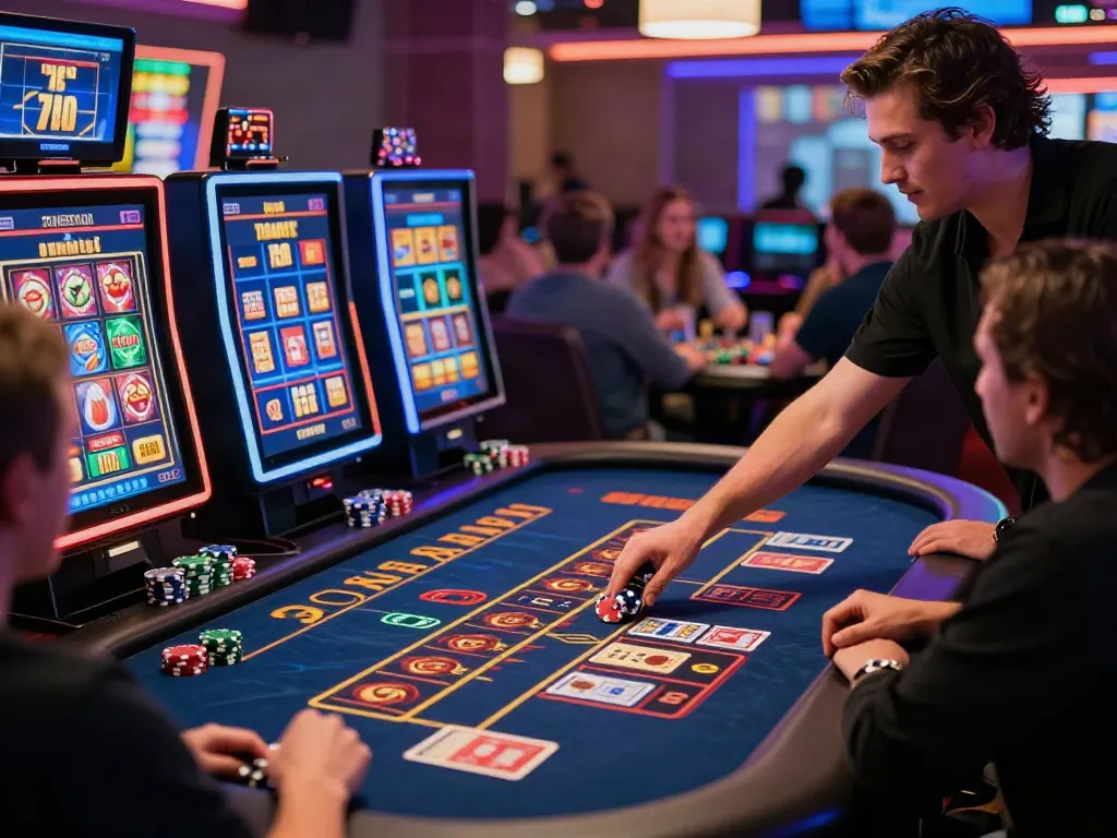 Engaging online casino atmosphere with a dealer and vibrant gaming table, illustrating casinos not on gamstop.