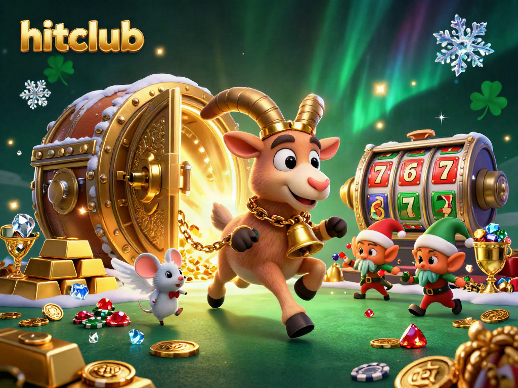 Hitclub's festive casino scene features a Krampus goat and angel mouse amid slot machines and gold treasures.