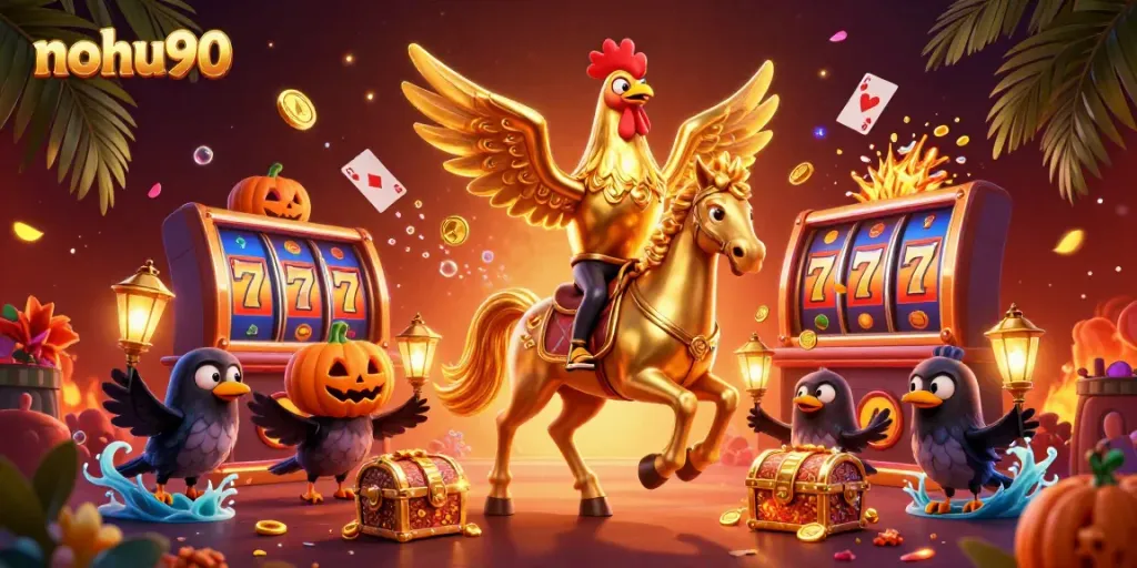 Experience the thrill of gambling at nohu90 with an animated golden rooster in a vibrant casino scene.