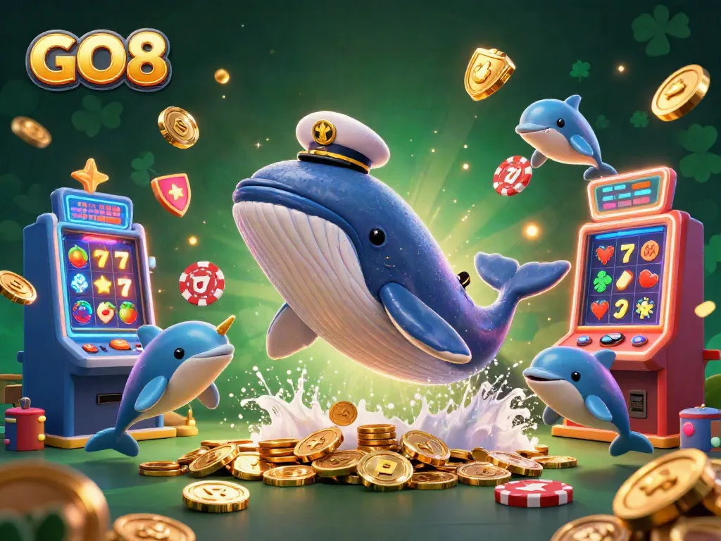 GO8 promotes excitement as a whale breaches a sea of coins with playful dolphins and vibrant slot machines.