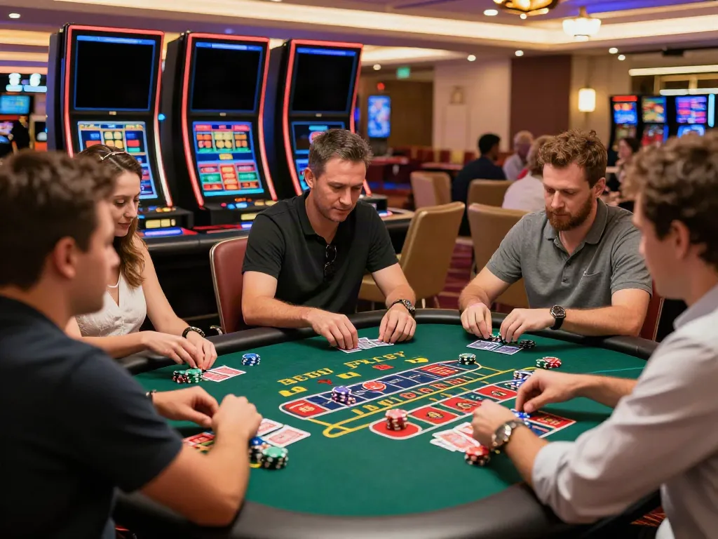 Energetic casino gaming scene highlighting casinos not on GamStop with diverse players and vibrant atmosphere.