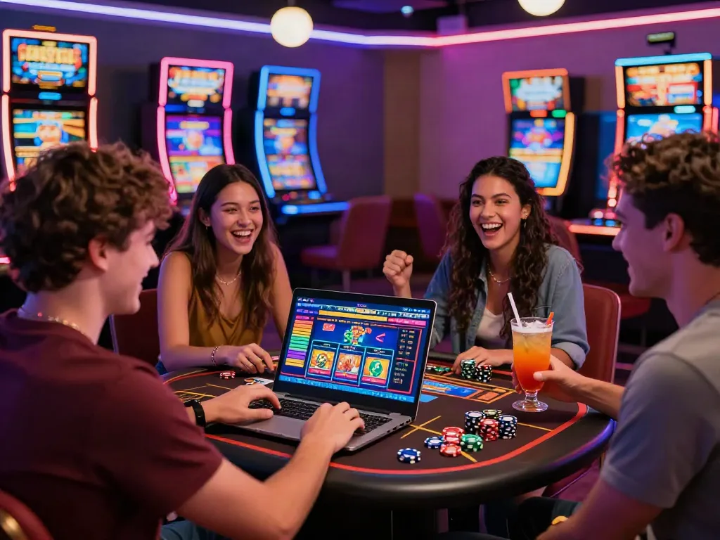Friends enjoying gaming at casinos not on gamstop, vibrant atmosphere with bright lights.