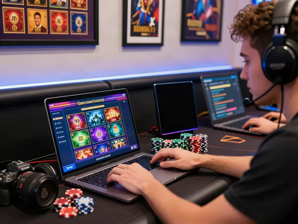 Engaging player enjoying casinos not on GamStop with vibrant gaming setup and laptop.