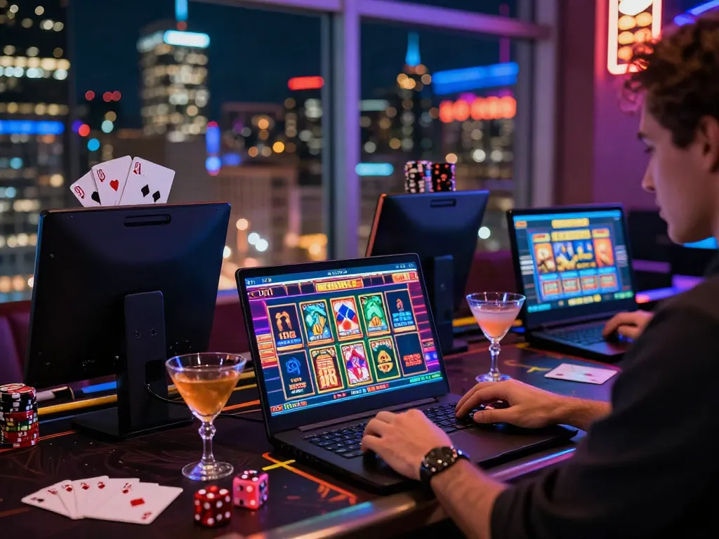Exciting player enjoying online casinos not on gamstop, vibrant games and neon lights around.