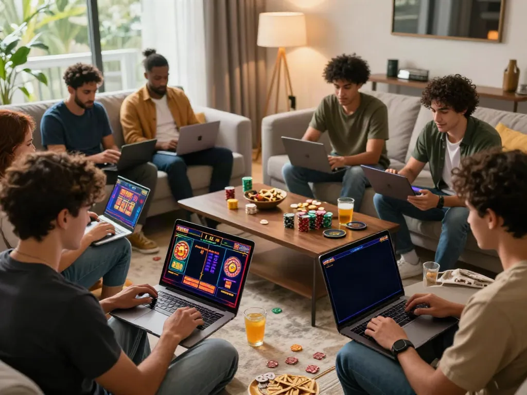Enthusiastic players enjoying casinos not on gamstop in a lively home setting.