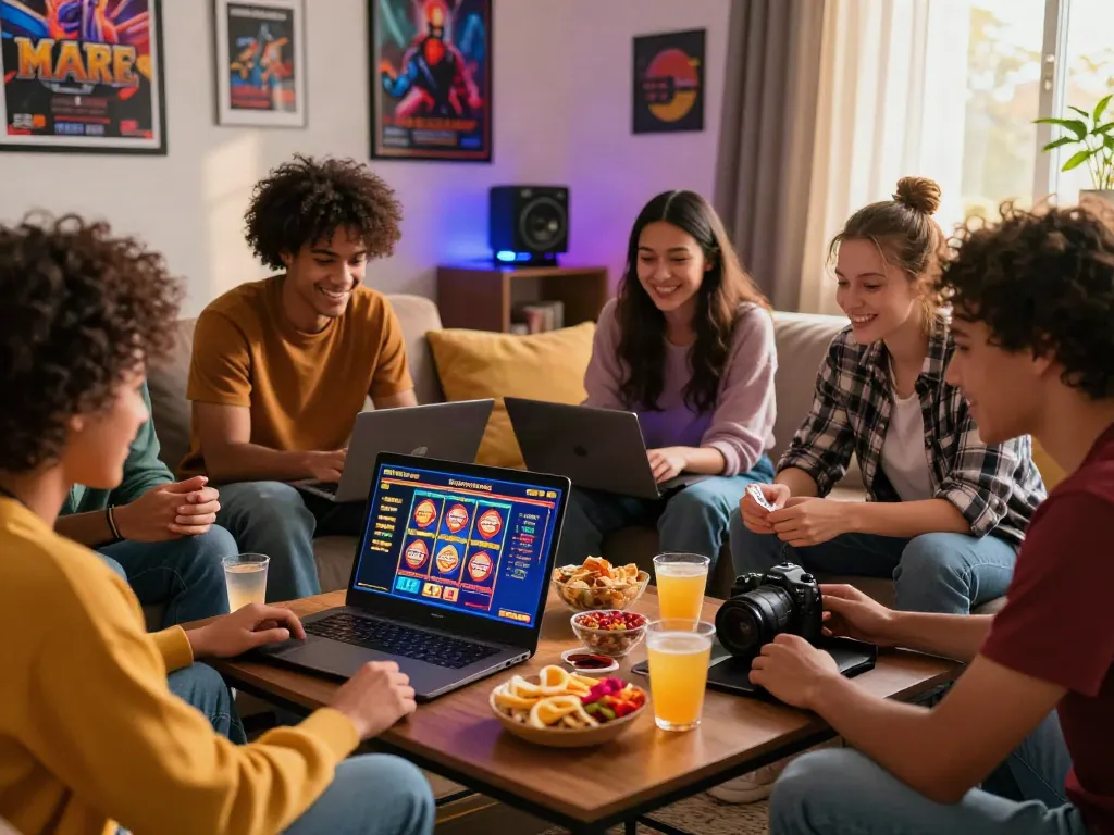 Friends enjoying online gaming at home, exploring casinos not on gamstop with a colorful approach.