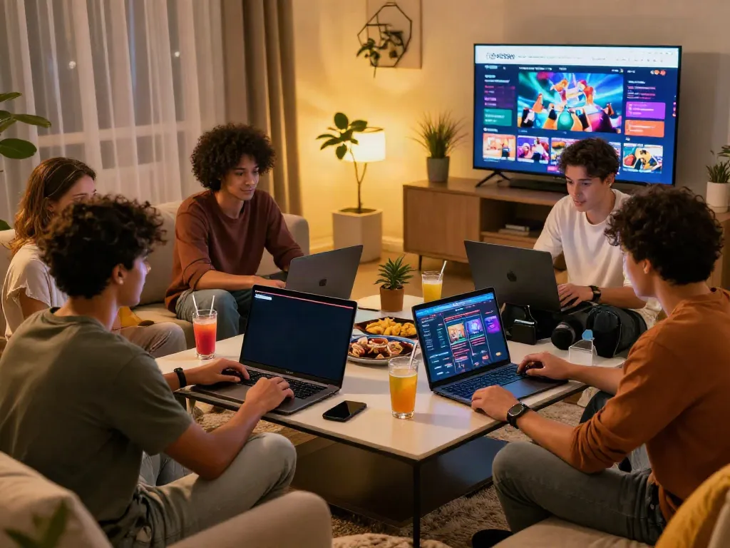 Group enjoying casinos not on GamStop in a cozy living room.