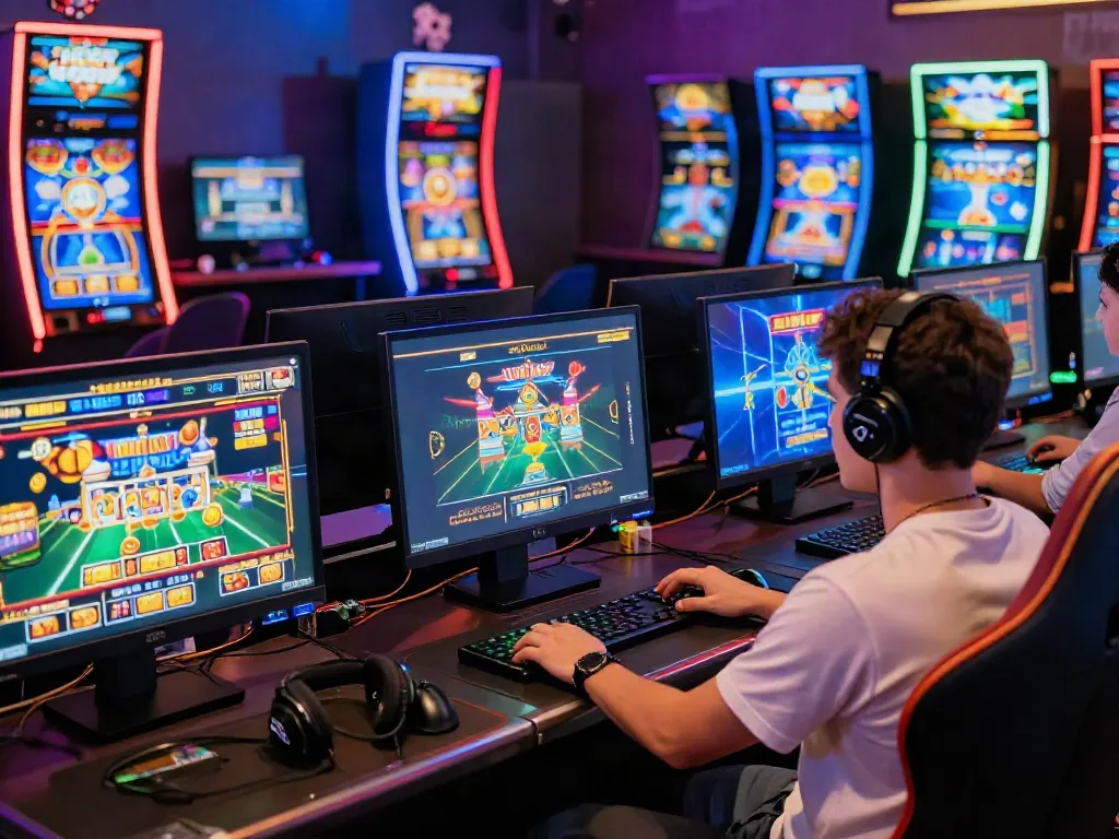 Immersive online gaming experience at casinos not on GamStop, showing vibrant slot machines and a player engaged.