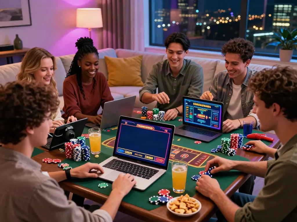 Friends enjoying games at casinos not on GamStop in a vibrant living room scene.