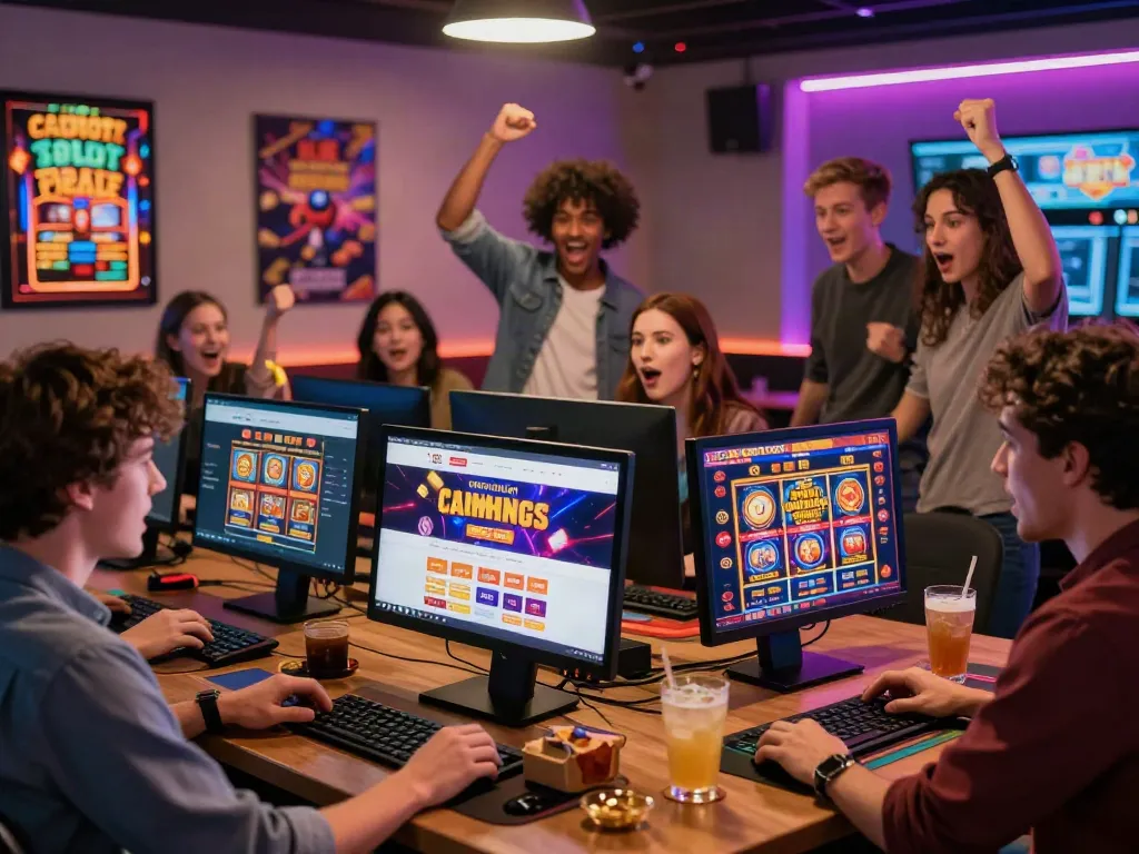 Friends exploring casinos not on GamStop around a computer, showcasing vibrant gaming atmosphere.