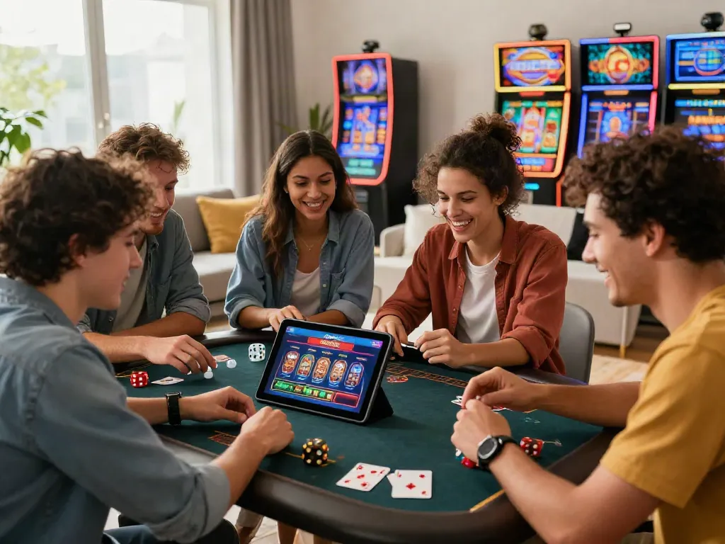 Friends exploring casinos not on GamStop together on a tablet amidst a lively gaming atmosphere.