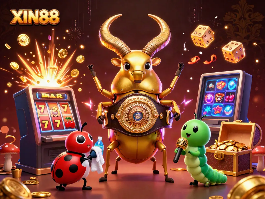 XIN88 showcases a lively casino scene with a golden beetle champion and engaging game elements.