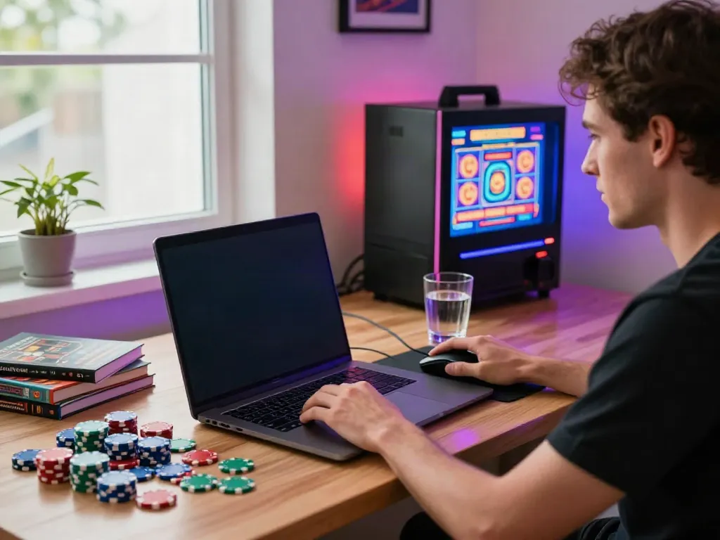 Engaged player exploring casinos not on GamStop at home with gaming setup.