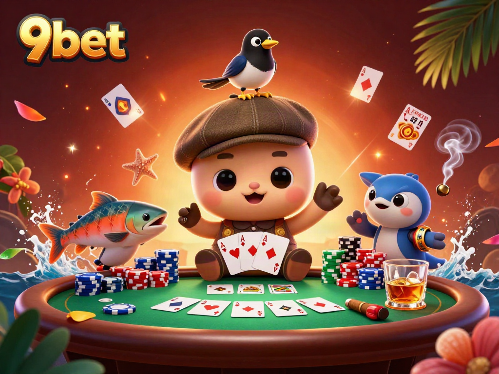 Engage with 9bet's vibrant gambling scene featuring playful characters and poker elements.